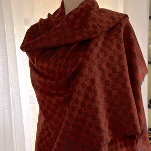 Rust Tissue Weight Wool (?)Checkerboard & Stripe Large Wrap 28” x 80”